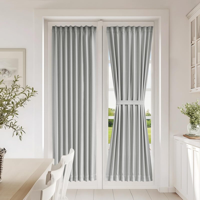Vatge Front Door Curtains for Glass Window - Self Adhesive French Door Curtain with Tieback for Patio Door, 1 Panel, W25 x L72, Silver Grey - Image 1