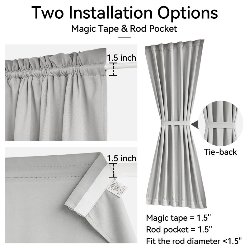 Vatge Front Door Curtains for Glass Window - Self Adhesive French Door Curtain with Tieback for Patio Door, 1 Panel, W25 x L72, Silver Grey - Image 2