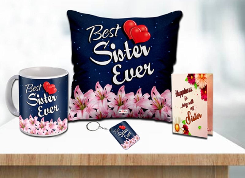 ME  YOU ME & YOU Gift for Sister Rakhi Combo, Birthday Present Bahen Best Ever Printed Cushion, Mug, Keychain Greeting Card. Raksha bandhan Return Gift for Sister - Image 1