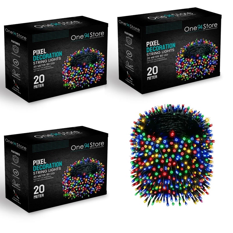One94Store 20 متر أضواء خيوط LED الخيالية - 80 LED متعددة الألوان على سلك نحاسي مرن | أضواء زخرفية مقاومة للماء لعيد الديوالي، عيد الميلاد، حفلات الزفاف، الحفلات، الاستخدام الداخلي والخارجي - عبوة من 3 - Image 1