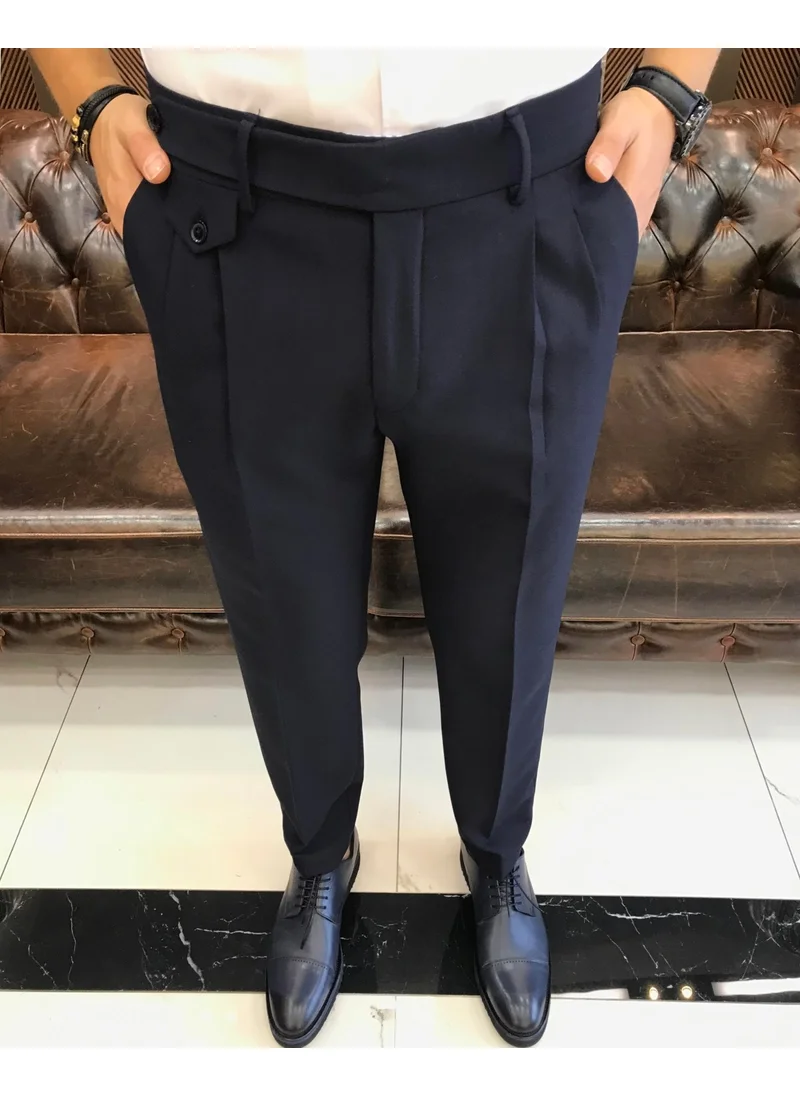 Terzi Adem Altun Terziademaltun Italian Cut Belted Pleated Navy Blue Fabric Trousers T10801