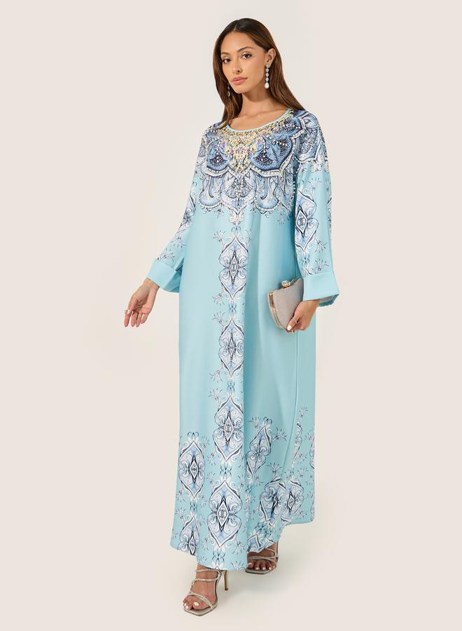 Styli Printed Jalabiya with Faux Pearl Embroidery - Image 2