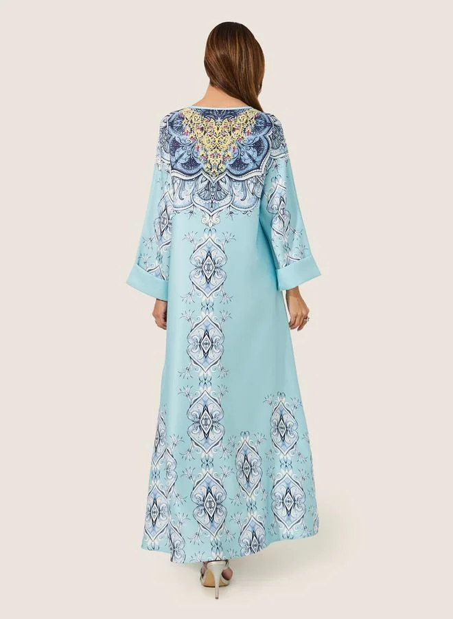 Styli Printed Jalabiya with Faux Pearl Embroidery