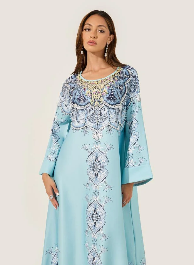 Styli Printed Jalabiya with Faux Pearl Embroidery