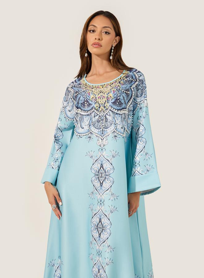 Styli Printed Jalabiya with Faux Pearl Embroidery - Image 3