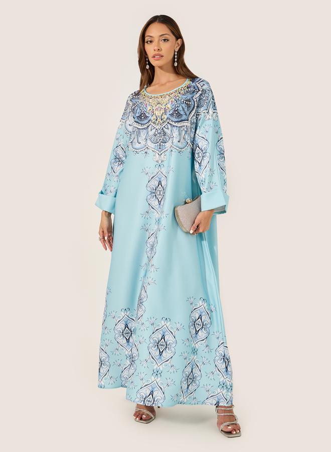Styli Printed Jalabiya with Faux Pearl Embroidery - Image 1