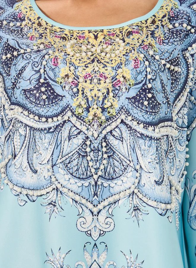 Styli Printed Jalabiya with Faux Pearl Embroidery