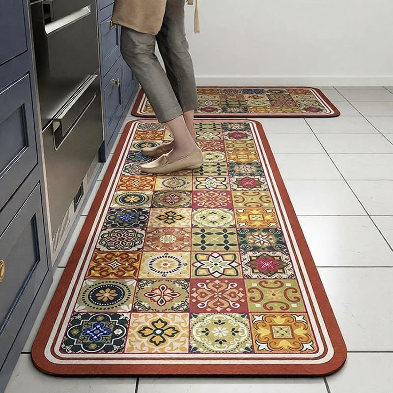 Xlot Kitchen Mats for Floor 2Pcs, Washable Anti Fatigue Mat for Cushioned, 15.7"x23.6"+15.7"x47.2", Waterproof Kitchen Rugs, Non Slip Comfort Standing Mat Rug for Home, Sink, Laundry (Yor flower tiles) - Image 2