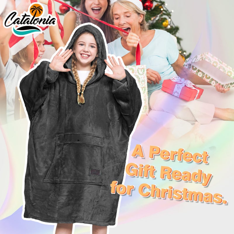 Catalonia Catalonia Oversized Blanket Hoodie Sweatshirt for Kids  Wearable Fleece Pullover with Large Front Pocket  Teen Boys Girls Gift Black  - Image 5