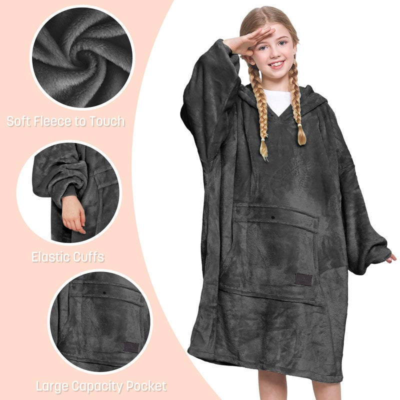 Catalonia Catalonia Oversized Blanket Hoodie Sweatshirt for Kids  Wearable Fleece Pullover with Large Front Pocket  Teen Boys Girls Gift Black  - Image 3