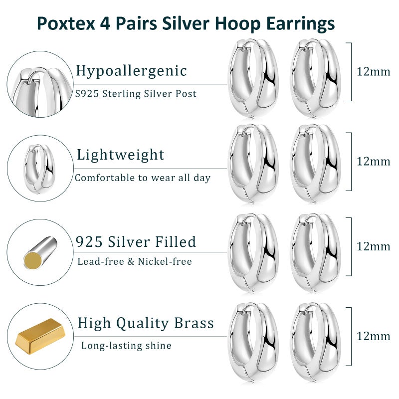 Poxtex 925 Sterling Silver Thick Chunky Huggie Hoop Earrings for Women, Hypoallergenic Small Cartilage Hoops Stacks, Lightweight Dainty Jewelry Set for Multiple Piercings 4 Pairs 12/12/12/12mm - Image 3