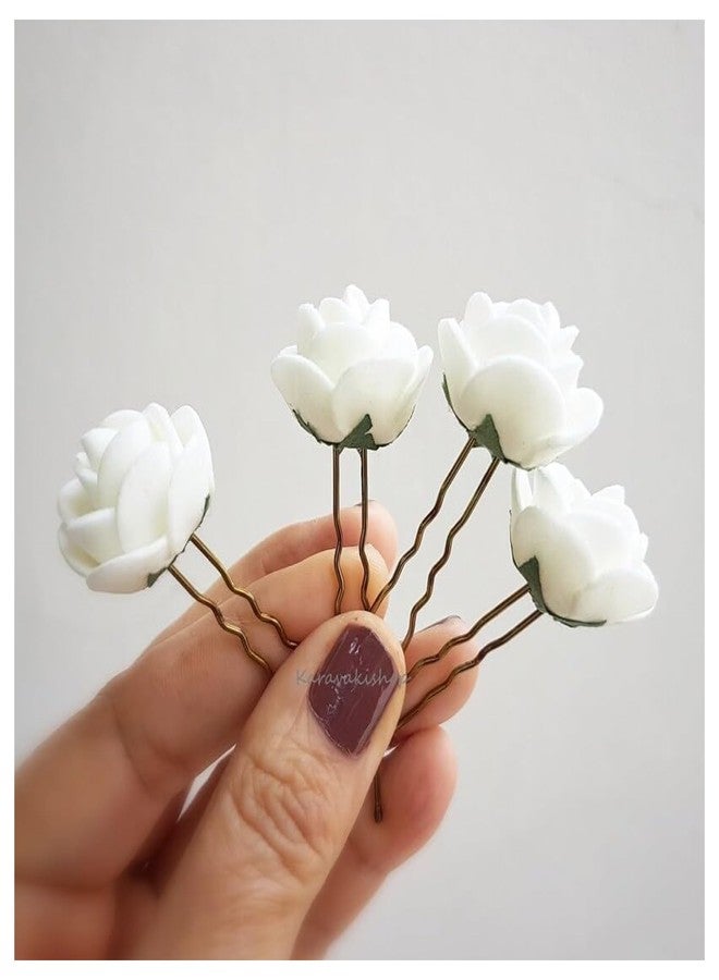 MILAPARK CRAFTS Handmade White Rose Hair Pins for Women – Elegant Bridal Juda Accessories, U-Shaped Hair Fork, Foam & Fabric Floral Pins for Wedding & Parties – Pack of 6 - Image 3