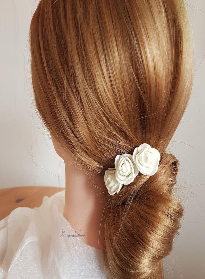 MILAPARK CRAFTS Handmade White Rose Hair Pins for Women – Elegant Bridal Juda Accessories, U-Shaped Hair Fork, Foam & Fabric Floral Pins for Wedding & Parties – Pack of 6 - Image 1