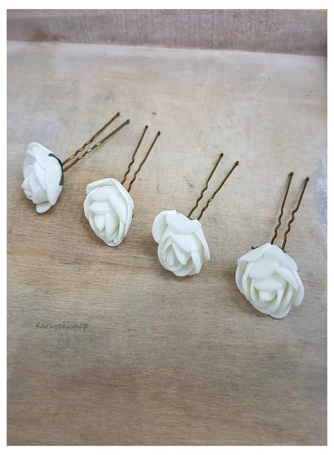 MILAPARK CRAFTS Handmade White Rose Hair Pins for Women – Elegant Bridal Juda Accessories, U-Shaped Hair Fork, Foam & Fabric Floral Pins for Wedding & Parties – Pack of 6 - Image 5