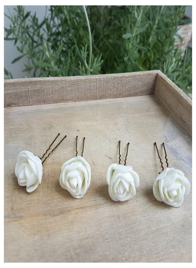 MILAPARK CRAFTS Handmade White Rose Hair Pins for Women – Elegant Bridal Juda Accessories, U-Shaped Hair Fork, Foam & Fabric Floral Pins for Wedding & Parties – Pack of 6 - Image 4