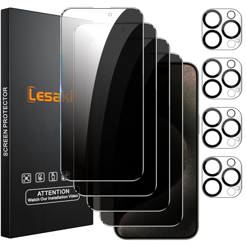 Lesakit 4+4 Pack Privacy Screen Protector for iPhone 15 Pro Max 6.7-Inch with 4 Pack Camera Lens Protector, Anti Spy Tempered Glass Film 9H Hardness Case Friendly - Image 1