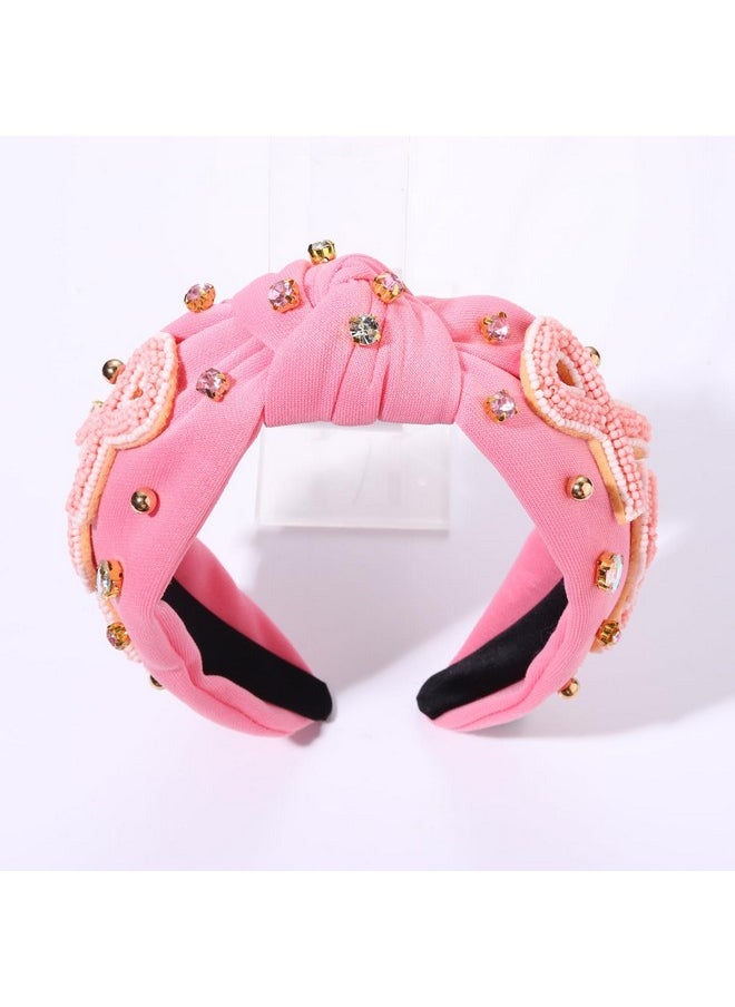 YAHPERN Pink Ribbon Headband Breast Cancer Awareness Headband Beaded Rhinestone Crystal Knotted Headband Jeweled Embellished Wide Top Knot Headbands Breast Cancer Survivor Hair Accessories Gifts  - Image 3