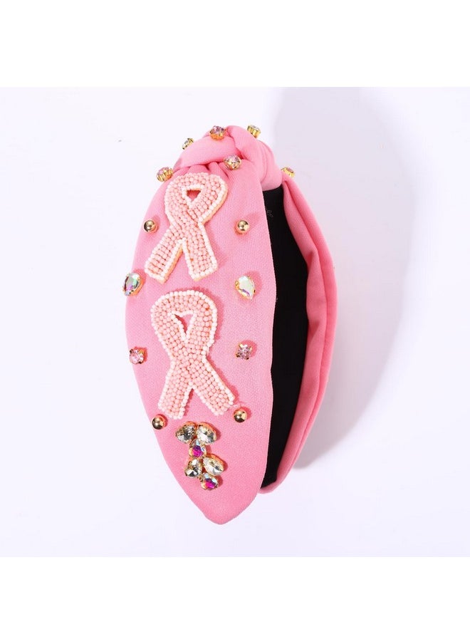 YAHPERN Pink Ribbon Headband Breast Cancer Awareness Headband Beaded Rhinestone Crystal Knotted Headband Jeweled Embellished Wide Top Knot Headbands Breast Cancer Survivor Hair Accessories Gifts  - Image 5