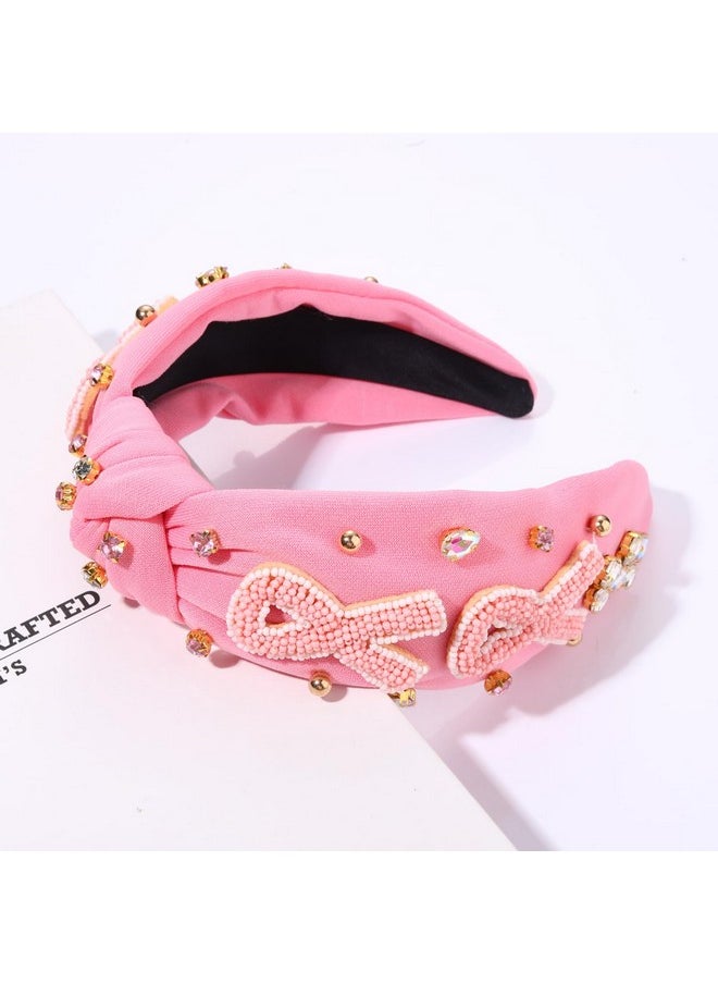 YAHPERN Pink Ribbon Headband Breast Cancer Awareness Headband Beaded Rhinestone Crystal Knotted Headband Jeweled Embellished Wide Top Knot Headbands Breast Cancer Survivor Hair Accessories Gifts  - Image 2