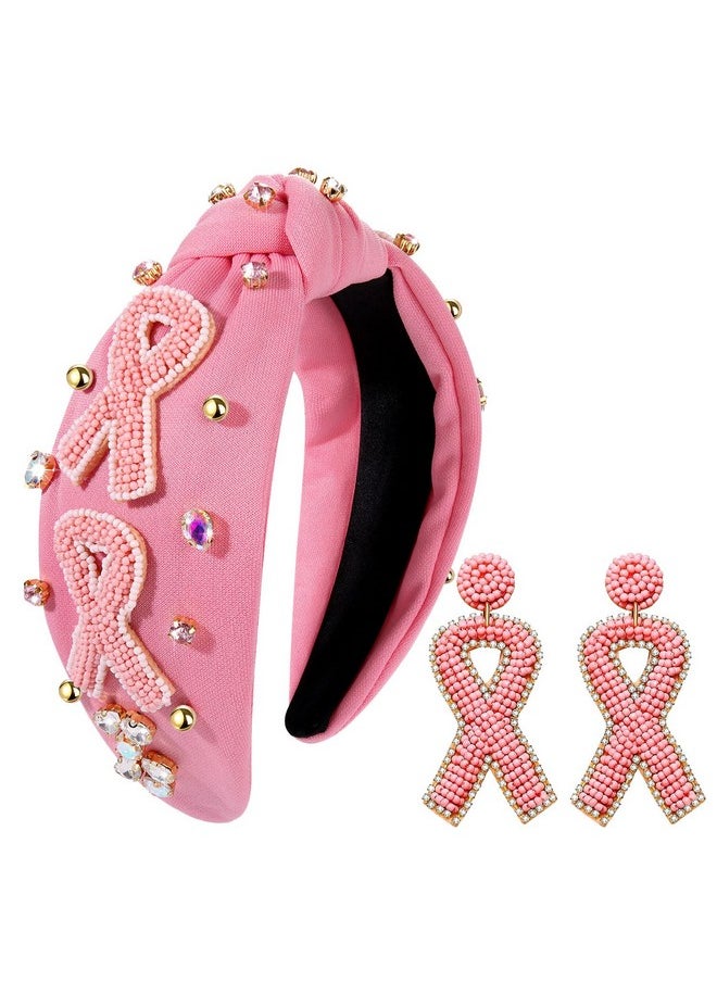 YAHPERN Pink Ribbon Headband Breast Cancer Awareness Headband Beaded Rhinestone Crystal Knotted Headband Jeweled Embellished Wide Top Knot Headbands Breast Cancer Survivor Hair Accessories Gifts  - Image 1