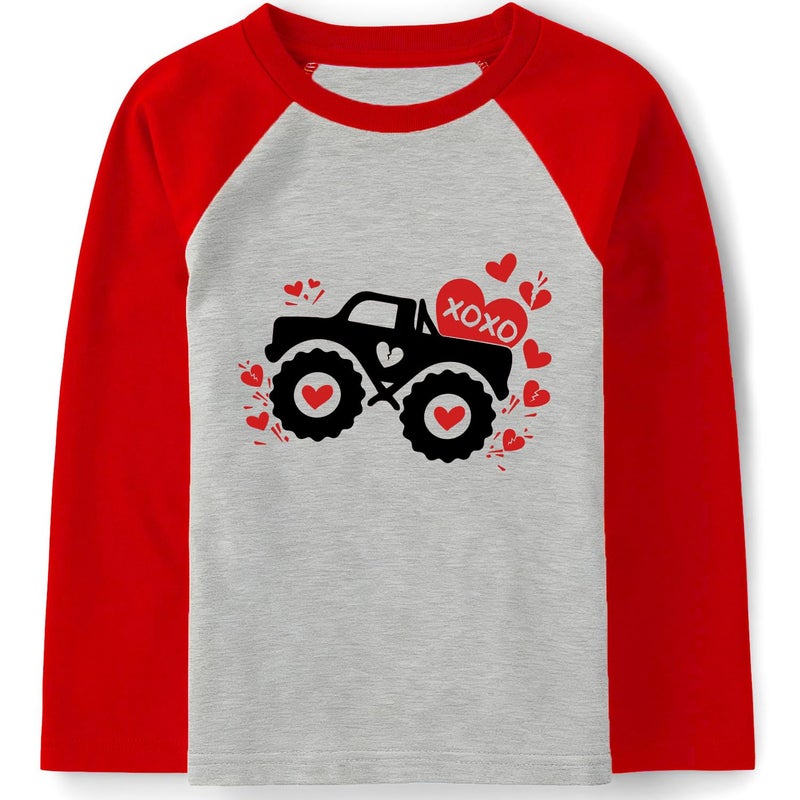 Joctoh Kids Valentine's Gift Shirt Boys Monster Truck Love Heart T-Shirts Raglan Long Sleeve Tops Toddler Spring Tees 5t 6t - Image 1