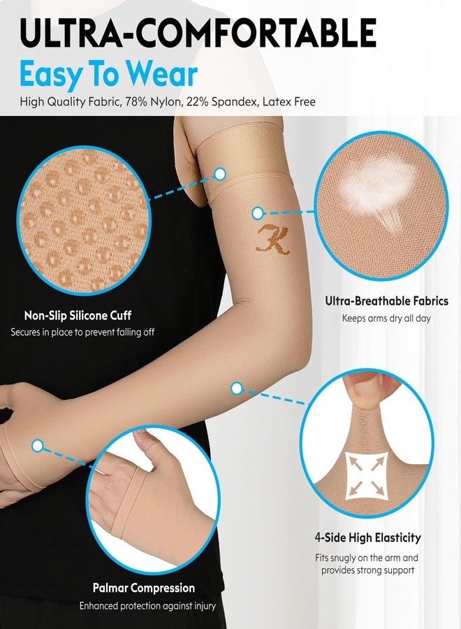 KEKING Lymphedema Compression Arm Sleeve with Gauntlet for Women Men, 20-30 mmHg Medical Graduated Compression Arm Brace, Full Arm Support Brace for Pain Relief, Arthritis, Swelling, Single Beige XXL - Image 2