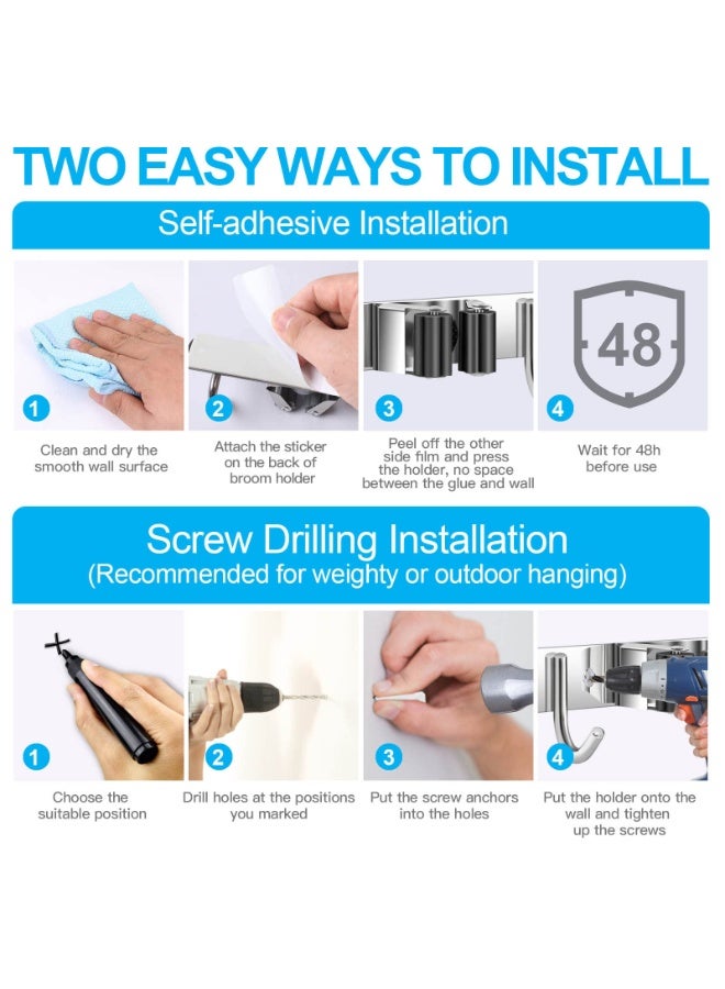 jaexest Heavy Duty Metal Mop and Broom Holder, Rust Proof, 5 Racks, 4 Hooks, Sturdy Stainless Steel, Space Saving, Easy Installation, Multi-Functional - Image 5