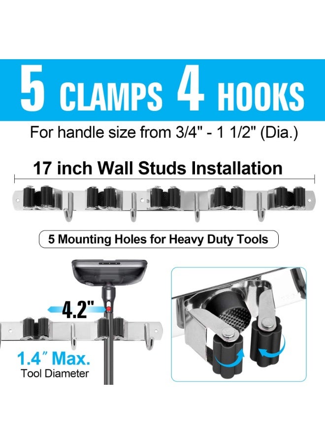 jaexest Heavy Duty Metal Mop and Broom Holder, Rust Proof, 5 Racks, 4 Hooks, Sturdy Stainless Steel, Space Saving, Easy Installation, Multi-Functional - Image 4