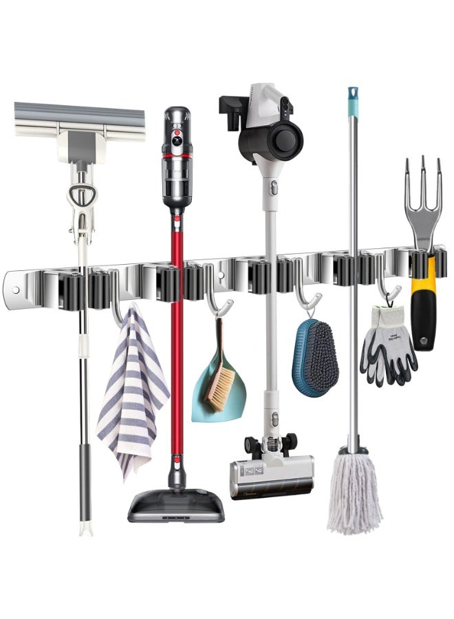 jaexest Heavy Duty Metal Mop and Broom Holder, Rust Proof, 5 Racks, 4 Hooks, Sturdy Stainless Steel, Space Saving, Easy Installation, Multi-Functional - Image 1