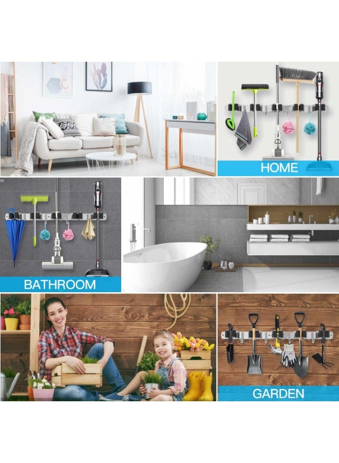 jaexest Heavy Duty Metal Mop and Broom Holder, Rust Proof, 5 Racks, 4 Hooks, Sturdy Stainless Steel, Space Saving, Easy Installation, Multi-Functional - Image 2