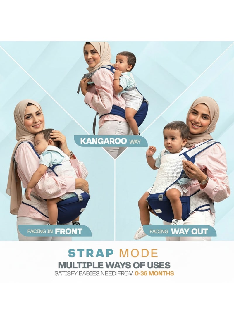 Baybee Flownest Baby Carrier for 0 to 3 Years Baby | Adjustable Baby Carry Bag with 6 Carrying Positions, Breathable Mesh Fabric & Back Support | 30° Inclined Non-Slip Padded Hip Seat Baby Carrier for Newborn| Kangaroo Bags for Toddlers Blue - Image 3