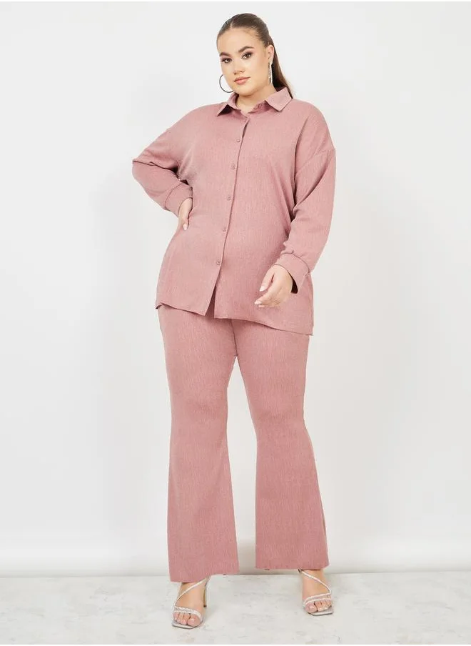 Styli Plus Shimmer Texture Knit Slim Fit Shirt and Fit and Flare Pant Set