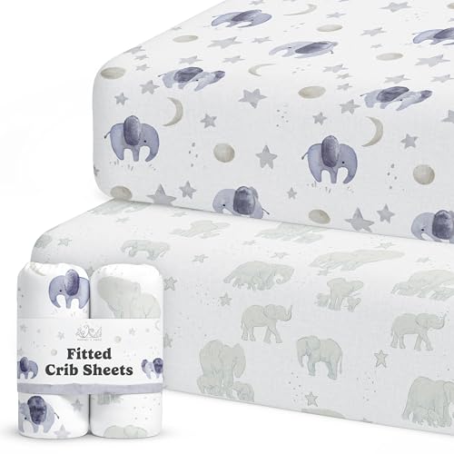 Sorrel + Fern Crib Sheets Neutral - Fitted Baby Crib Sheets Bed for Girl Boy - 2 Pack Standard & Toddler Mattress (Watercolor Elephants) - Buttery Soft Organic Cotton Blend - Image 1