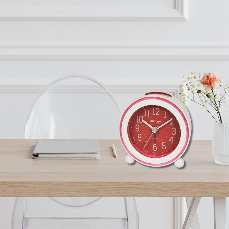 Rhythm RHYTHM Round White Color Plastic Case Beep Alarm Sound with LED Flash Light Snooze Red Dial Table Top Office Desk Clock for Study Room Home Decor Gifts Size 86 x 48 x 86 CM Weight 140 grm  - Image 4