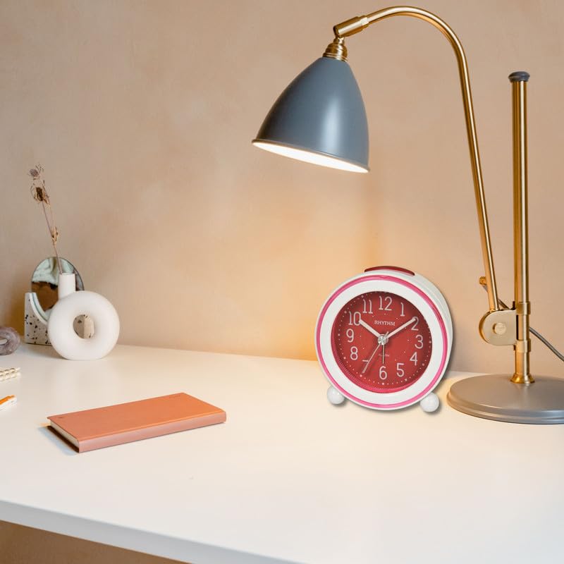 Rhythm RHYTHM Round White Color Plastic Case Beep Alarm Sound with LED Flash Light Snooze Red Dial Table Top Office Desk Clock for Study Room Home Decor Gifts Size 86 x 48 x 86 CM Weight 140 grm  - Image 5