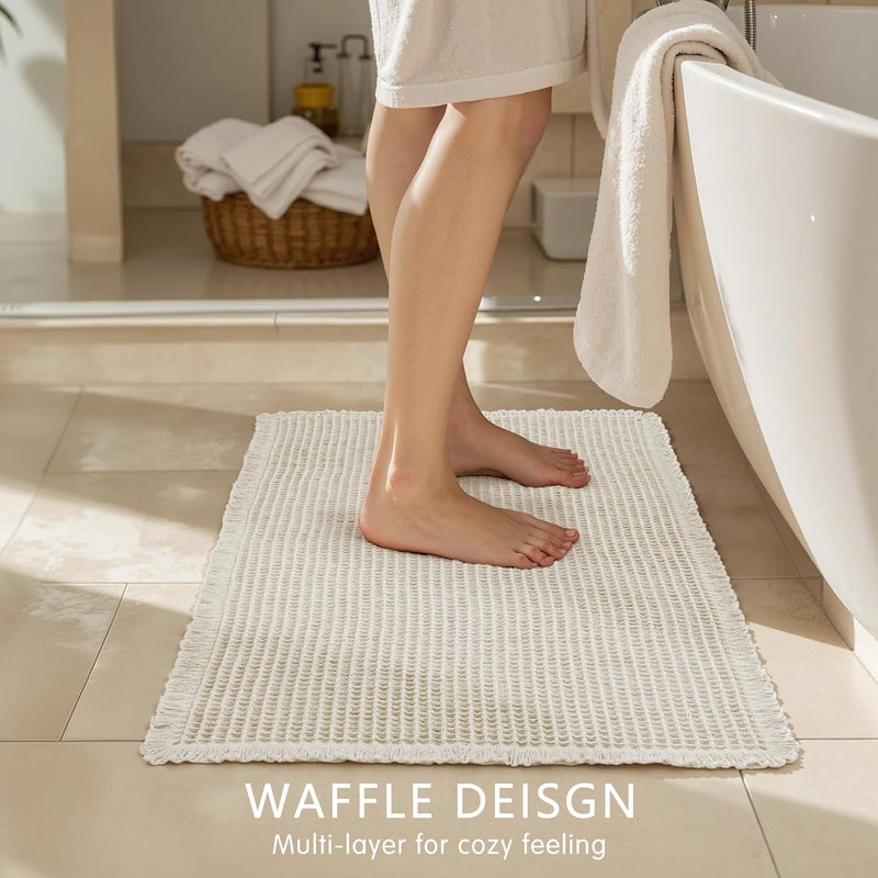subrtex Waffle Braided Bath Mat, 16" x 24" Soft Waffle Bath Rugs, Absorbent Non Slip Bathrooom Mats, Machine Washable Area Rug for Bathroom, Quick Dry, Off White - Image 3