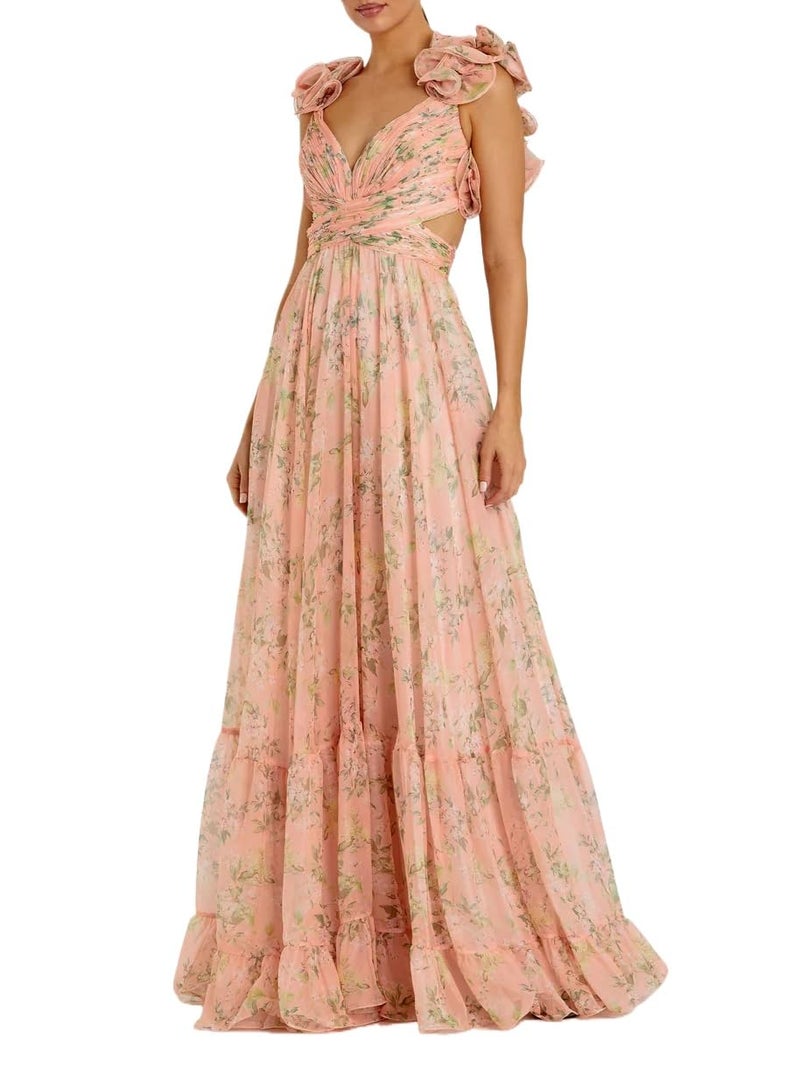 NeeMee Women's Summer Floral Print Straps Sleeveless V Neck Criss Cross Backless Chiffon Beach Boho Party Long Maxi Dress - Image 1