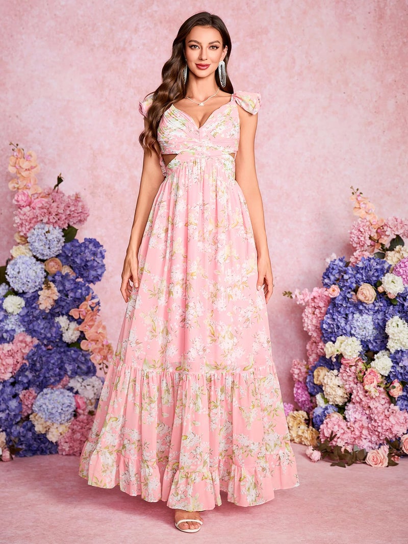 NeeMee Women's Summer Floral Print Straps Sleeveless V Neck Criss Cross Backless Chiffon Beach Boho Party Long Maxi Dress - Image 2