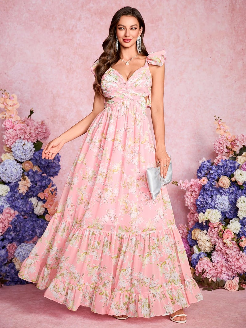 NeeMee Women's Summer Floral Print Straps Sleeveless V Neck Criss Cross Backless Chiffon Beach Boho Party Long Maxi Dress - Image 3