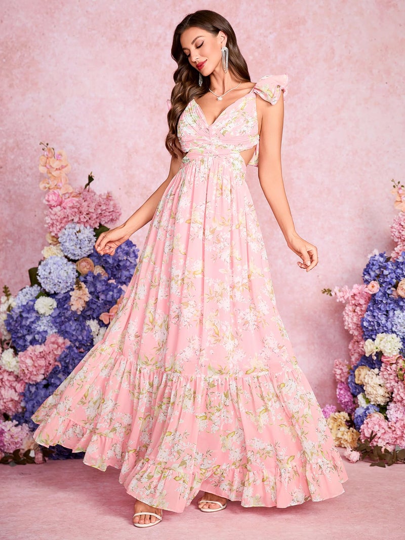 NeeMee Women's Summer Floral Print Straps Sleeveless V Neck Criss Cross Backless Chiffon Beach Boho Party Long Maxi Dress - Image 4