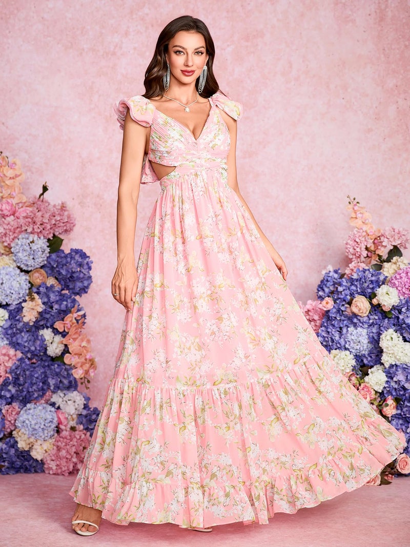 NeeMee Women's Summer Floral Print Straps Sleeveless V Neck Criss Cross Backless Chiffon Beach Boho Party Long Maxi Dress - Image 5