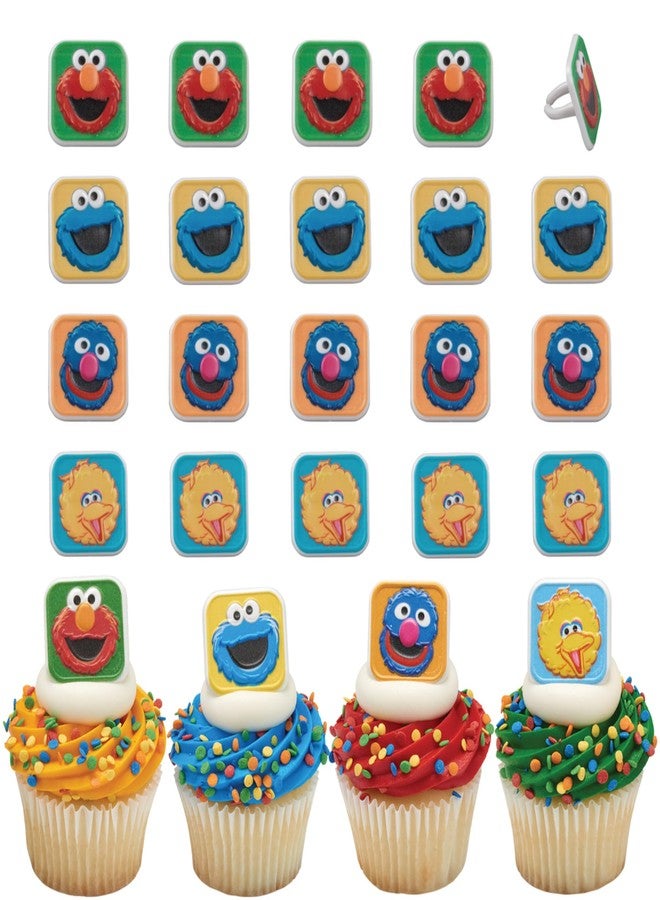 DecoPac Sesame Street Rings, 24 Cupcake Toppers Featuring Elmo, Big Bird, Cookie Monster, Grover, Bright Colorful Cupcake Decorations, Food Safe - 24 Pack - Image 1