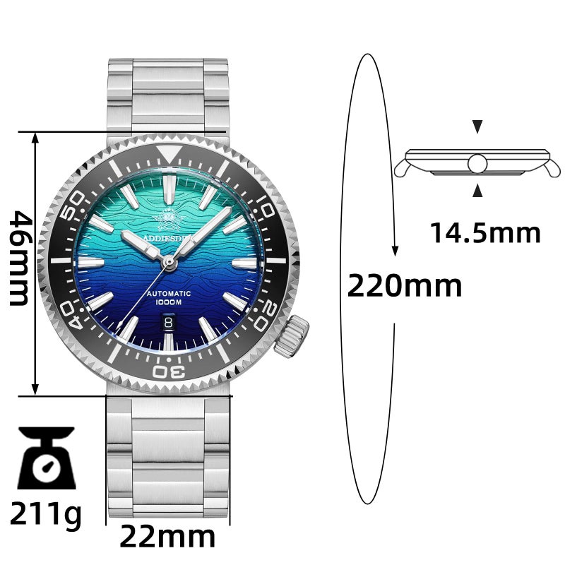 ADDIESDIVE Diver Automatic Watch 1000 M Waterproof 8215 Mechanical Movement Ceramic Bezel Luminous Dive Watches for Men Blue Gradient Dial - Image 2