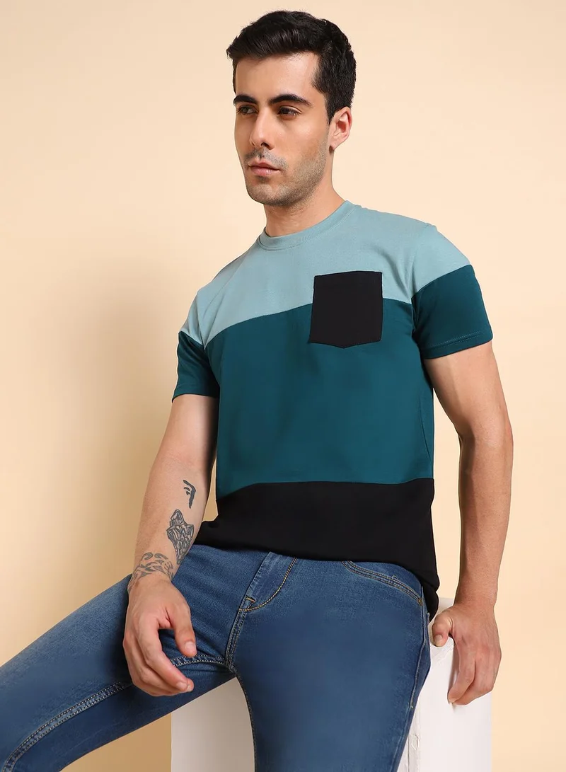 Dennis Lingo Men's Teal 100% Cotton Colourblocked Regular Fit T-Shirt