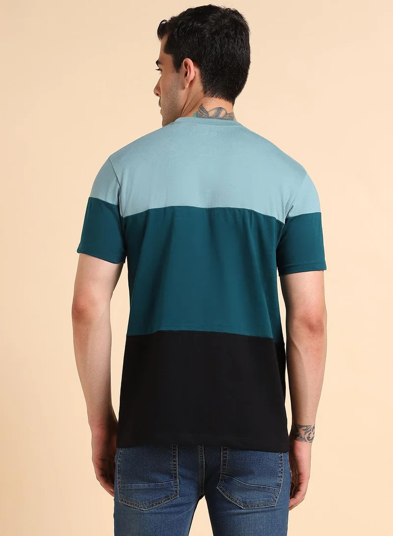 Dennis Lingo Men's Teal 100% Cotton Colourblocked Regular Fit T-Shirt