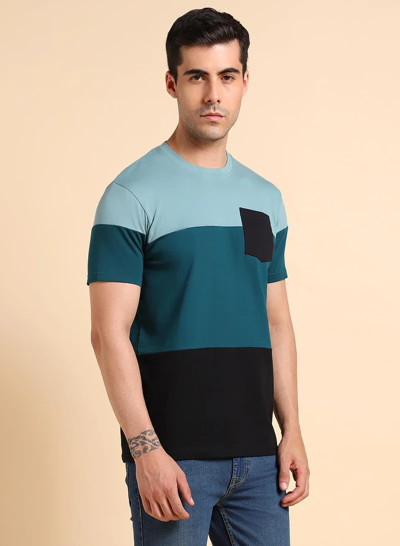 Dennis Lingo Men's Teal 100% Cotton Colourblocked Regular Fit T-Shirt
