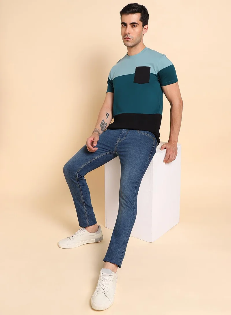 Dennis Lingo Men's Teal 100% Cotton Colourblocked Regular Fit T-Shirt