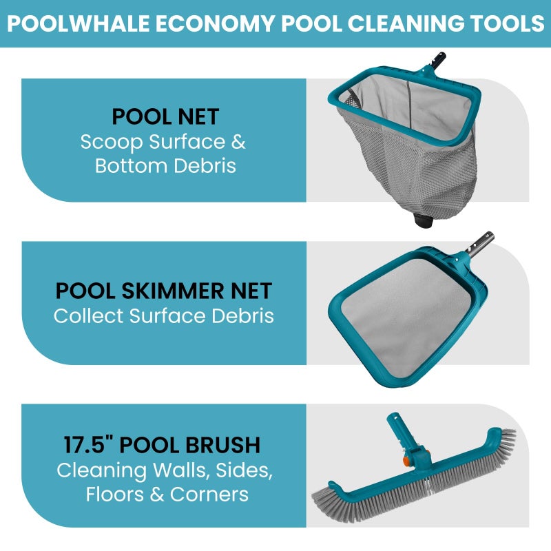 POOLWHALE Economy Swimming Pool Cleaning Kit - Fine Mesh Deep Pool Rake & Leaf Skimmer Net, Rotatable Pool Brush Head for Cleaning Above Ground & Inground Pools (No Pole) - Image 3