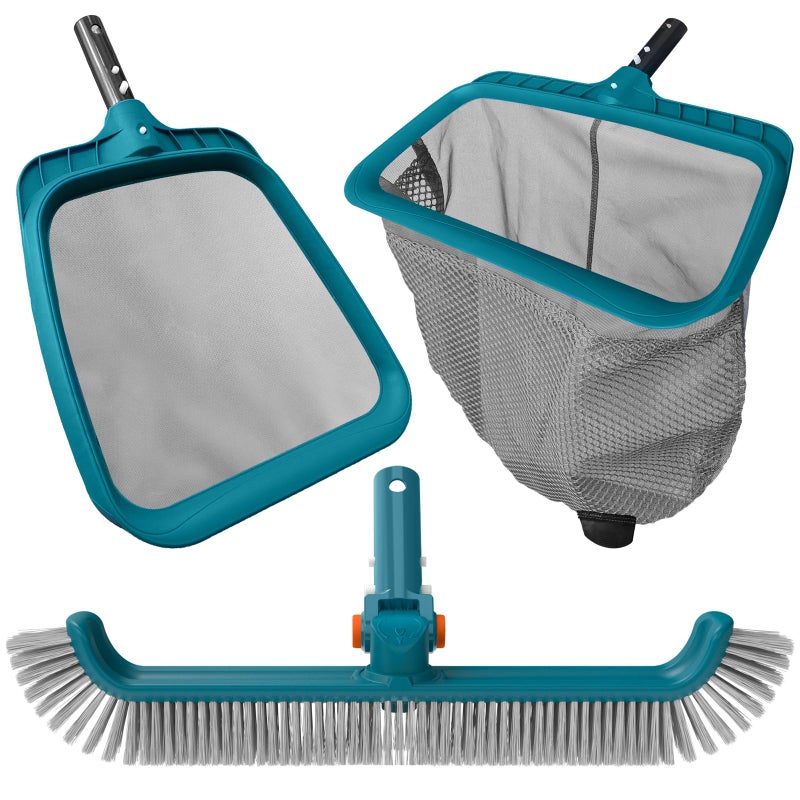 POOLWHALE Economy Swimming Pool Cleaning Kit - Fine Mesh Deep Pool Rake & Leaf Skimmer Net, Rotatable Pool Brush Head for Cleaning Above Ground & Inground Pools (No Pole) - Image 1