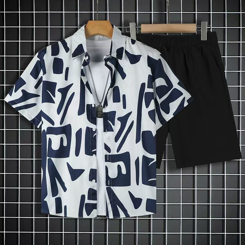 Generic Beach suit Summer Short-sleeved Fashionable Shirt plus size Loose Hawaiian Mens Casual Shorts Collocation Couple Fb-203 # Suit [shirt + shorts] 